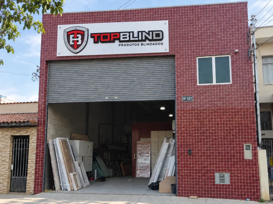 Fachada da fábrica com aplicação digital da placa e do logo Top Blind.