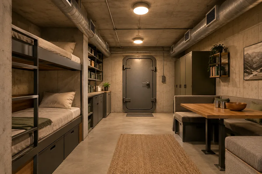 Interior de um bunker com dormitório, armazenamento e ventilação — ambientação ilustrativa.