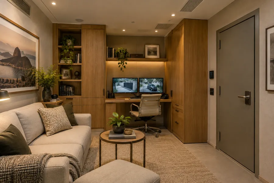 Interior de uma sala de segurança residencial com comunicação e mobiliário — ambientação ilustrativa.